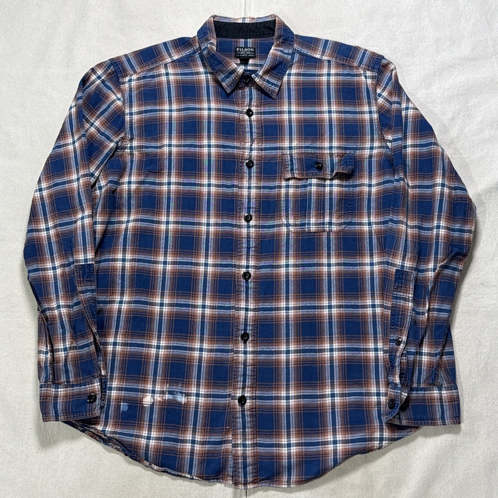 Filson Scout Shirt Mens L Blue Button Up Flannel Outdoor Hiking Fishing Stain